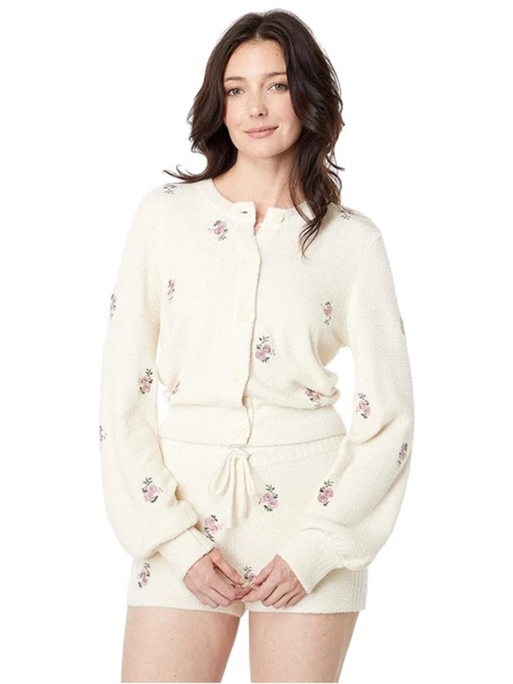Spiritual Gangster Sweater and Shorts Set- Cream with Pink Floral Embroidery